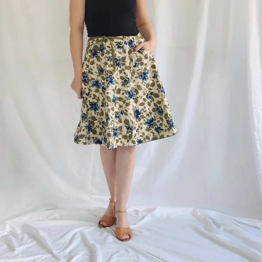 70s Green and Blue Floral Reversible Wrap Skirt‎